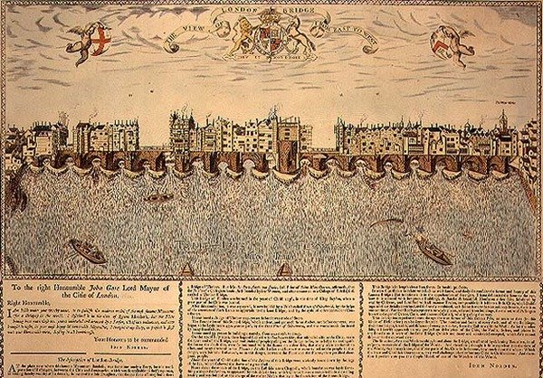 A London Bridge látképe keletről nyugatra, 1624-es metszet újranyomása alkotó: John (after) Norden