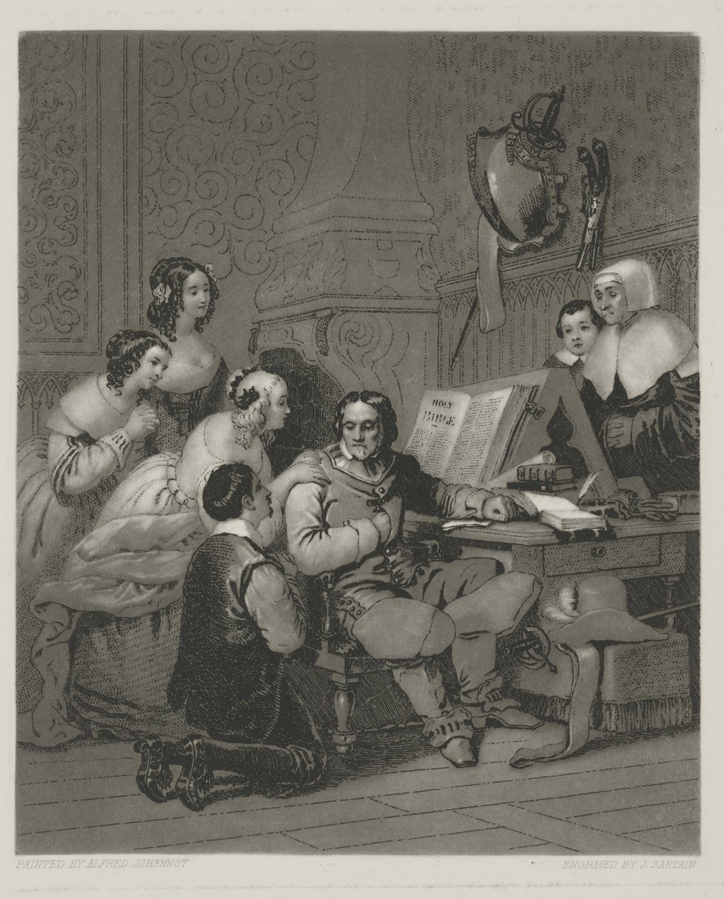 Cromwell családja, aki közbenjár I. Károly életéért, Alfred Johannot nyomtatványa (mezzotint) alkotó: John (after) Sartain