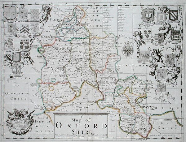 Oxfordshire térképe, John Oliver és Richard Palmer metszett és kézzel színezett, Philip Lea kiadó, 1690 körül (színes gravírozás) alkotó: John (after) Sellar