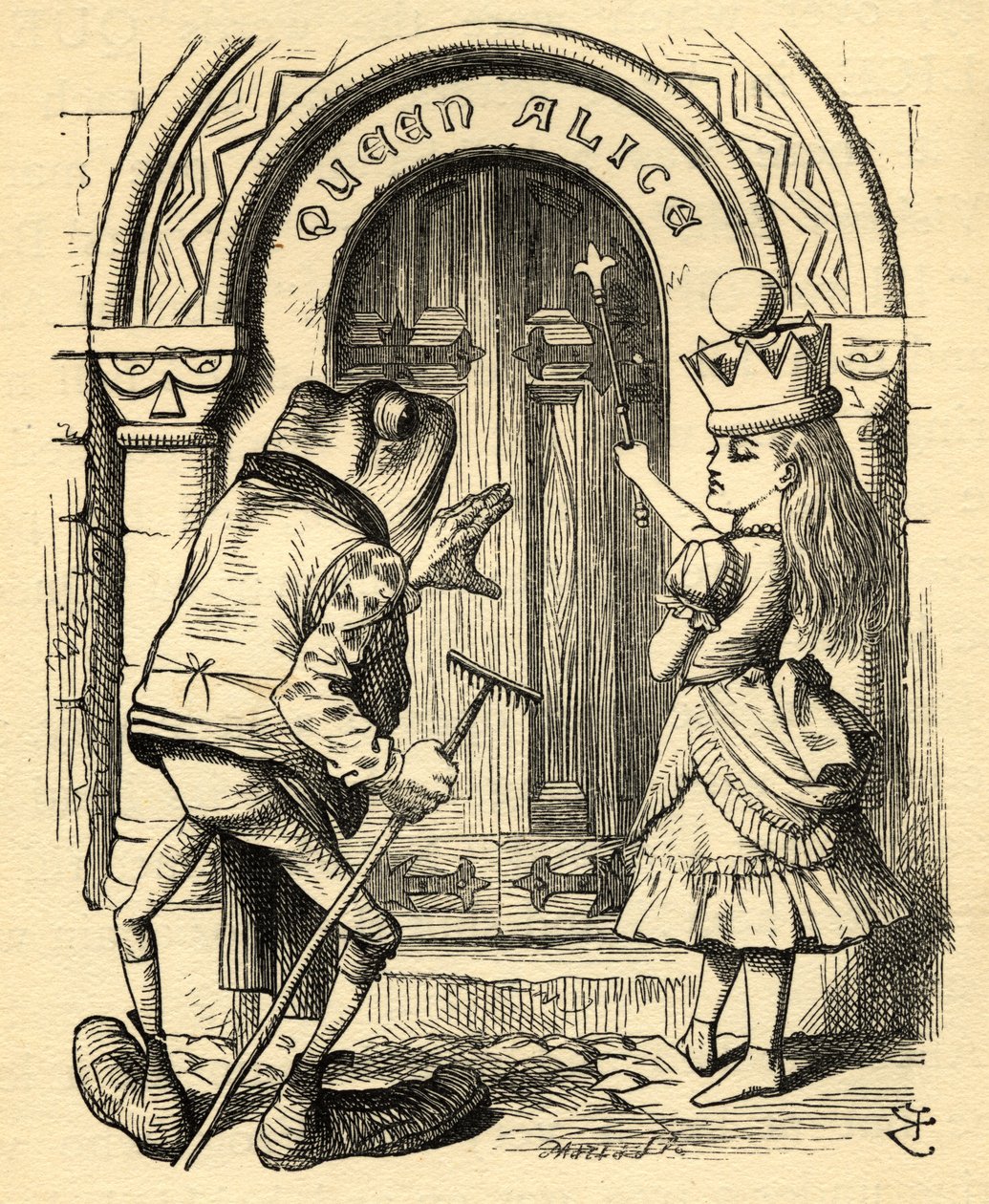 Alice és a béka, illusztrációja Lewis Carroll (1832-98) „Through the Looking Glass” című művéből, először 1871-ben (litho) alkotó: John (after) Tenniel