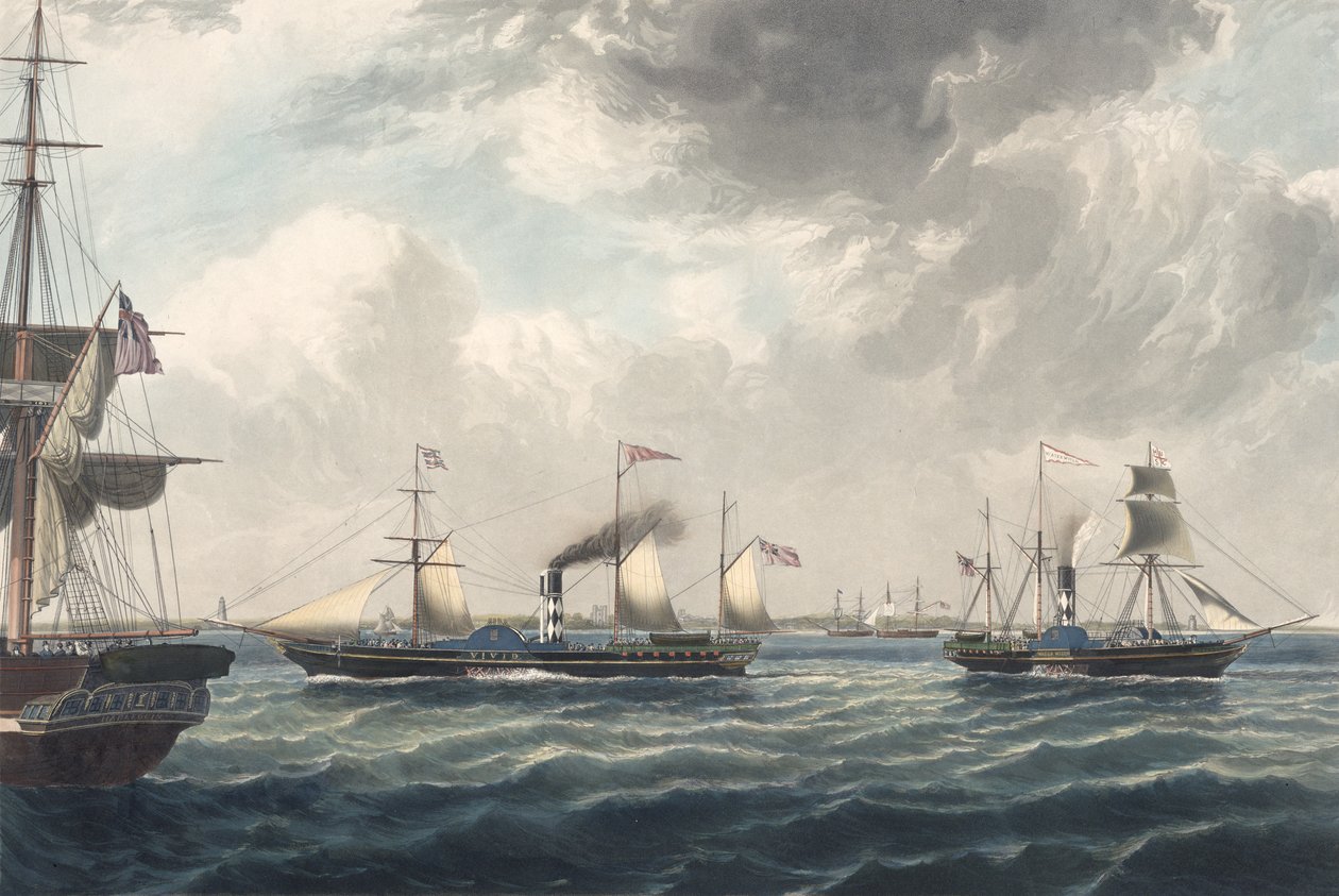 A "Vivid" és a "Waterwitch" gőzhajók Orfordnessnél, R. G. Reeve metszete (színes aquatinta) alkotó: John (after) Ward