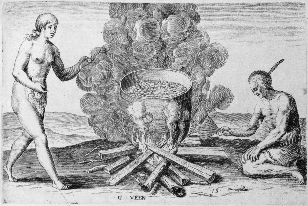 Főzés edényben, metszet: Gysbert van Veen (1562-1628) (metszet) alkotó: John (after) White