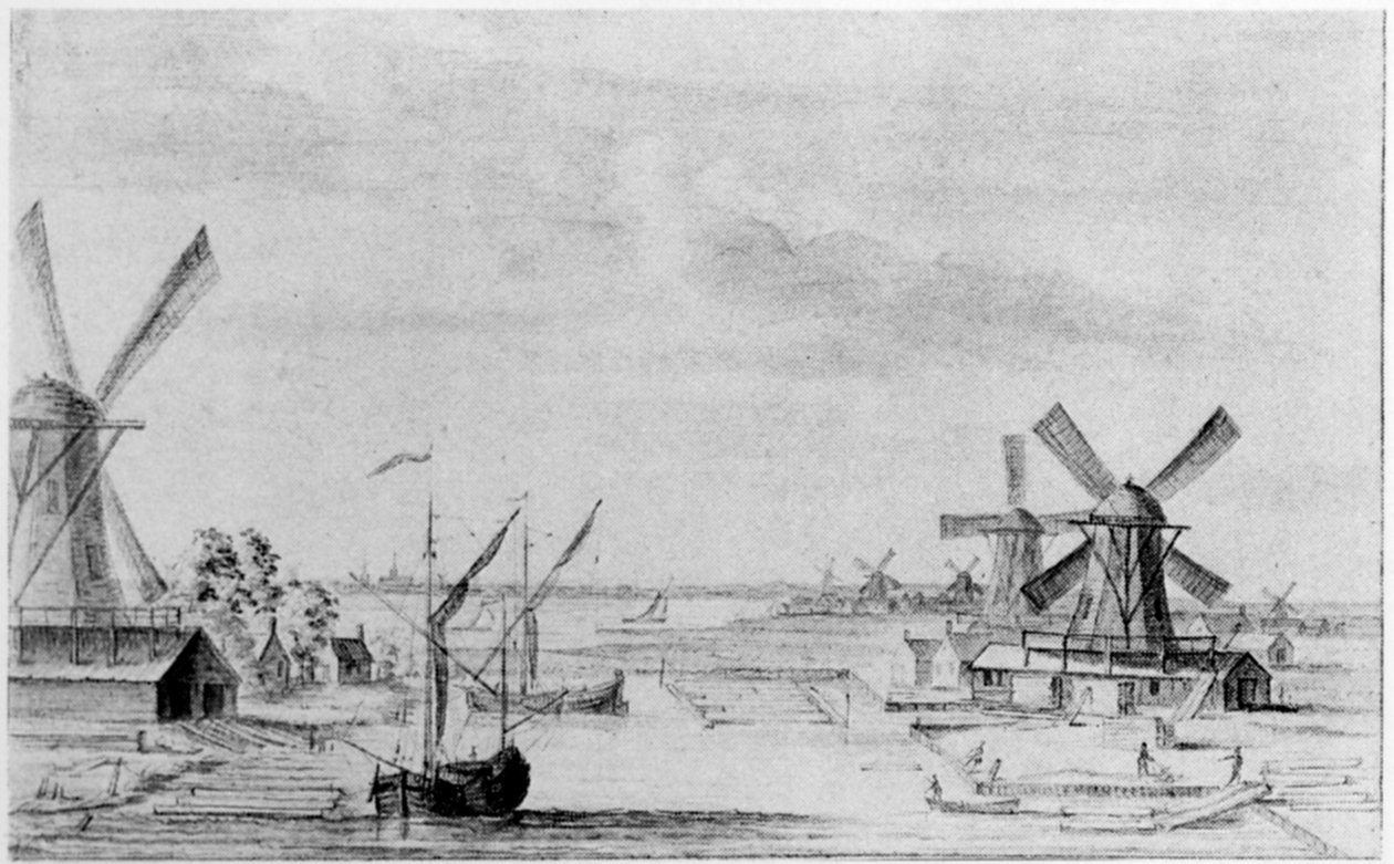 Kilátás a Zaan-i fafűrészmalmokra, Zaandam városára (ceruza, kréta és mosás papíron) alkotó: John (attr. to) Greenwood