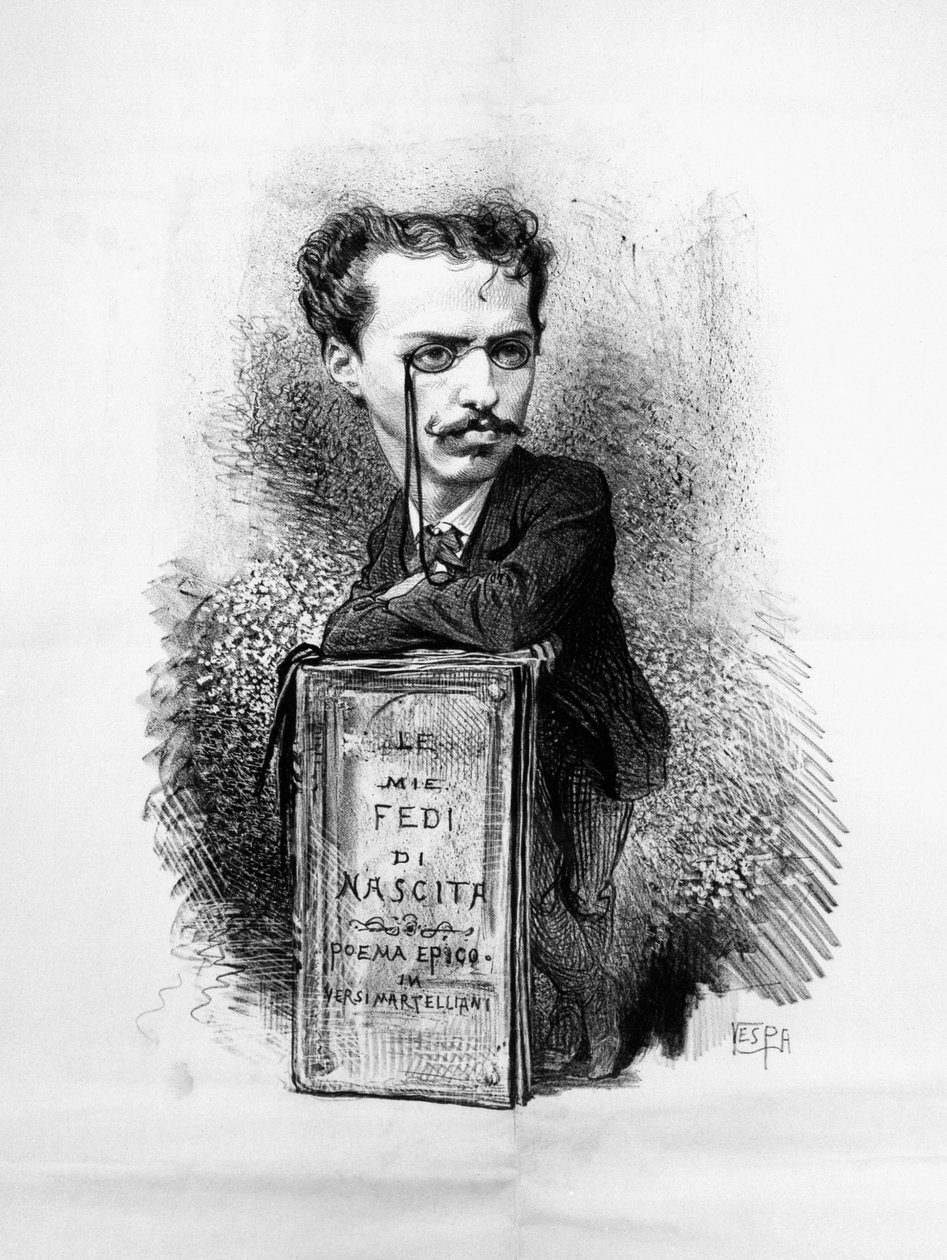 Felice Carlo Emanuele Cavallotti (1842-1898), olasz költő, drámaíró, baloldali, antimonarchista újságíró, hazafi és politikai vezető karikatúrája, metszet. alkotó: Walter Charles Mills