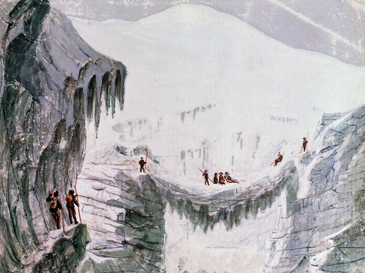 Mászás a Mont Blanc-ra, résből felfüggesztett hegymászók, akvarell, Franciaország alkotó: Walter Charles Mills