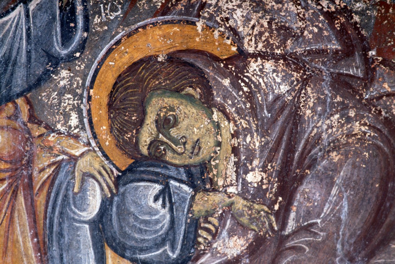 Szent alakja, Ioannis Pagomenos, freskó részlete a bizánci Szent György-templomban, Anidri, Kréta, Görögország (fotó) alkotó: Walter Charles Mills