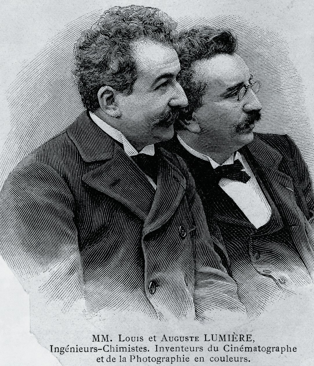 Auguste Marie Louis Nicolas Lumiere (1862-1954) és Louis Jean Lumiere (1864-1948), francia vállalkozók és a filmvetítő feltalálói portréja, metszet fényképről alkotó: Walter Charles Mills
