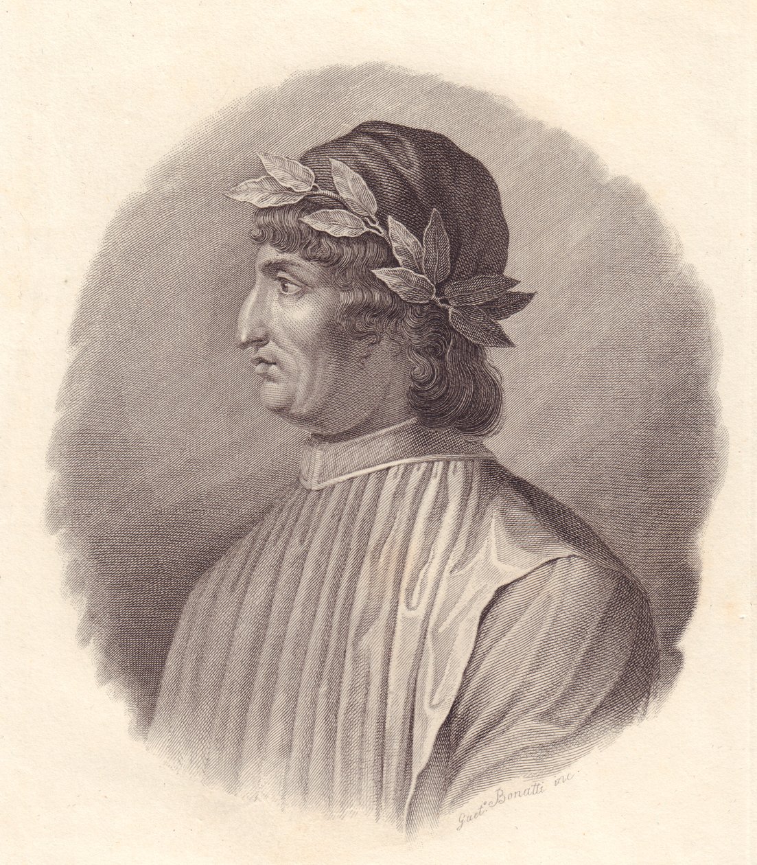 Angelo Ambrogini olasz költő és humanista portréja, más néven Poliziano (1454-1494), G Bonatti rézmetsze alkotó: Walter Charles Mills