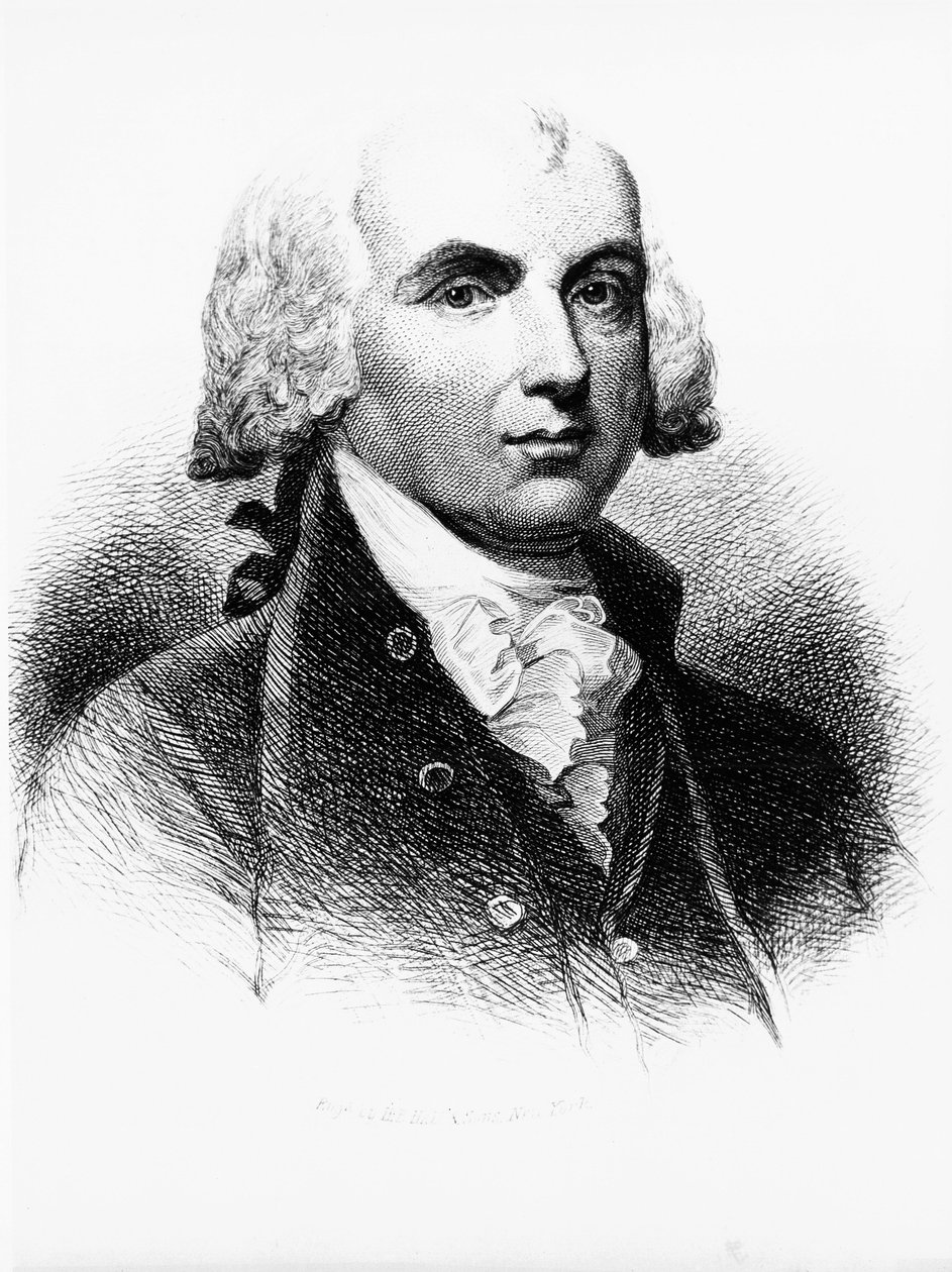James Madison (1751-1836), alapító atyának, amerikai politikusnak, 1809 és 1817 között az Egyesült Államok negyedik elnökének és az alkotmány egyik atyjának portréja, metszet alkotó: Walter Charles Mills
