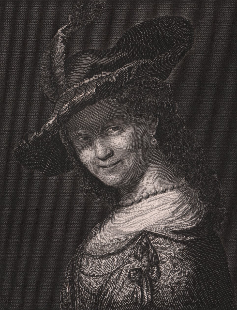 Saskia van Uylenburgh (1612-1642), Rembrandt feleségének portréja, L Raab metszet Rembrandt festményéből, Payne
