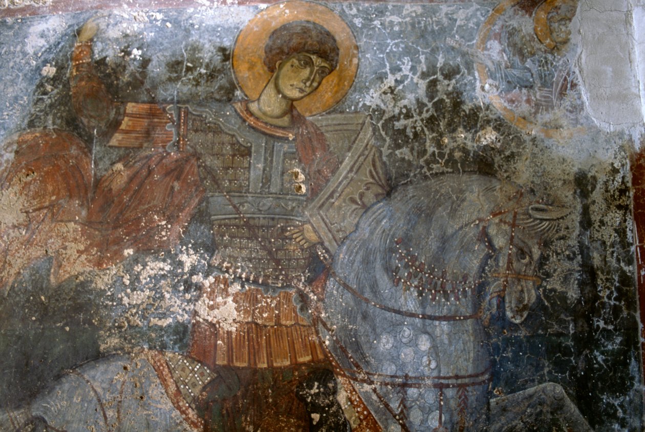 Szent György, Ioannis Pagomenos freskója az Agios Georgios templomban, Anidri, Kréta, Görögország alkotó: Walter Charles Mills