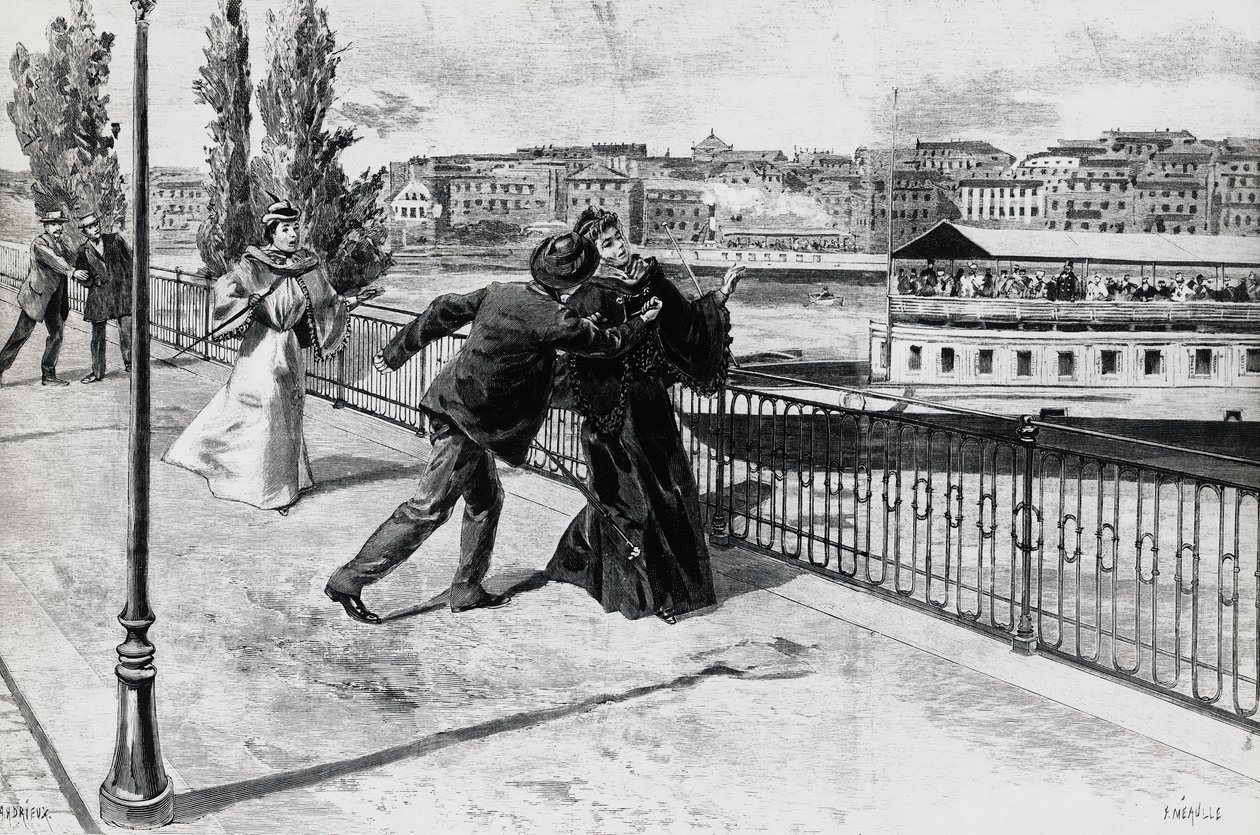 Erzsébet osztrák császárnő meggyilkolása Luigi Lucheni anarchista által, szeptember 10. alkotó: Walter Charles Mills