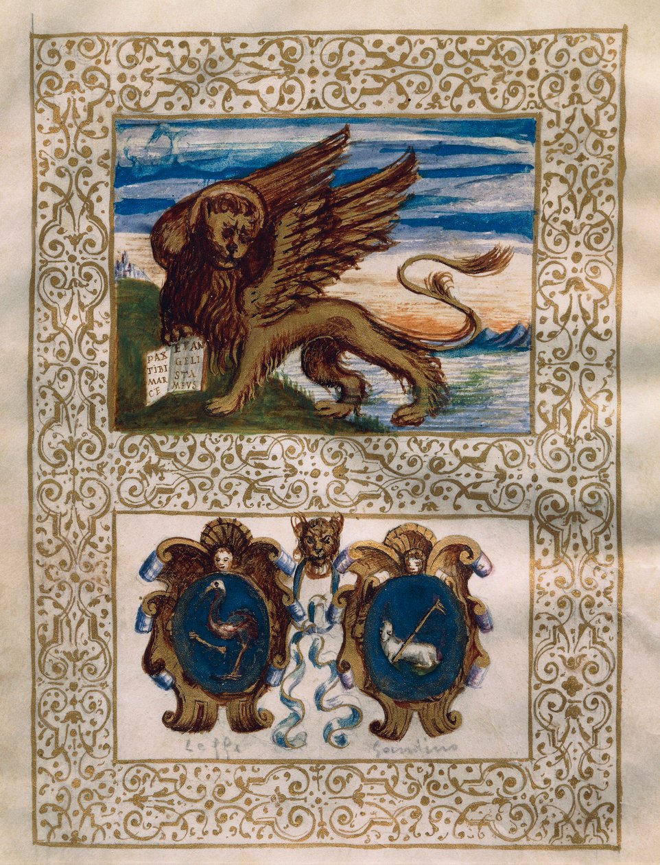 Velence szárnyas oroszlánja, valamint a Leffe és Gandino címer, miniatűr a Privilegio della Serenissima alla Val Gandino-ból, június 18. alkotó: Walter Charles Mills