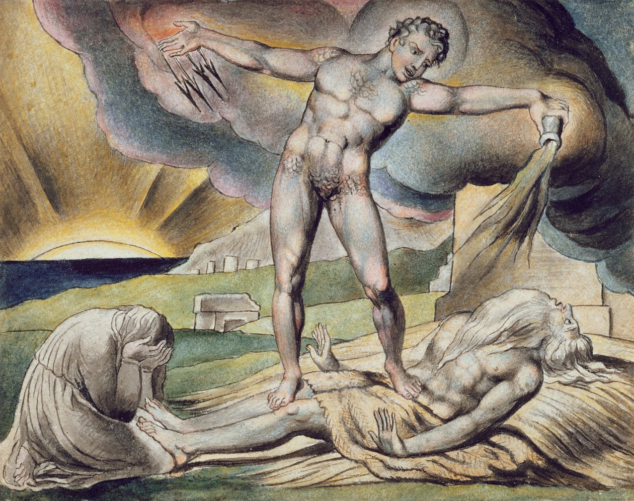 A Sátán megsemmisíti Jóbot, 6. oldal a Jób könyvének illusztrációiból, William Blake (1757-1827) nyomán 1823 körül (toll és tinta mosással a papíron) alkotó: John (circle of) Linnell