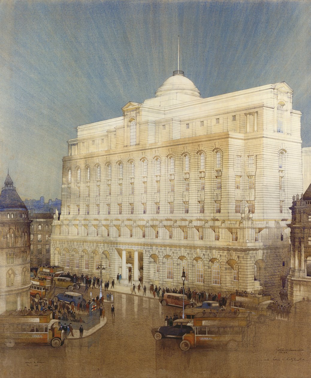 Építészeti tervezés a Midland Bank központjához, Poultry, London alkotó: John A. and Saunders, Charles Gotch