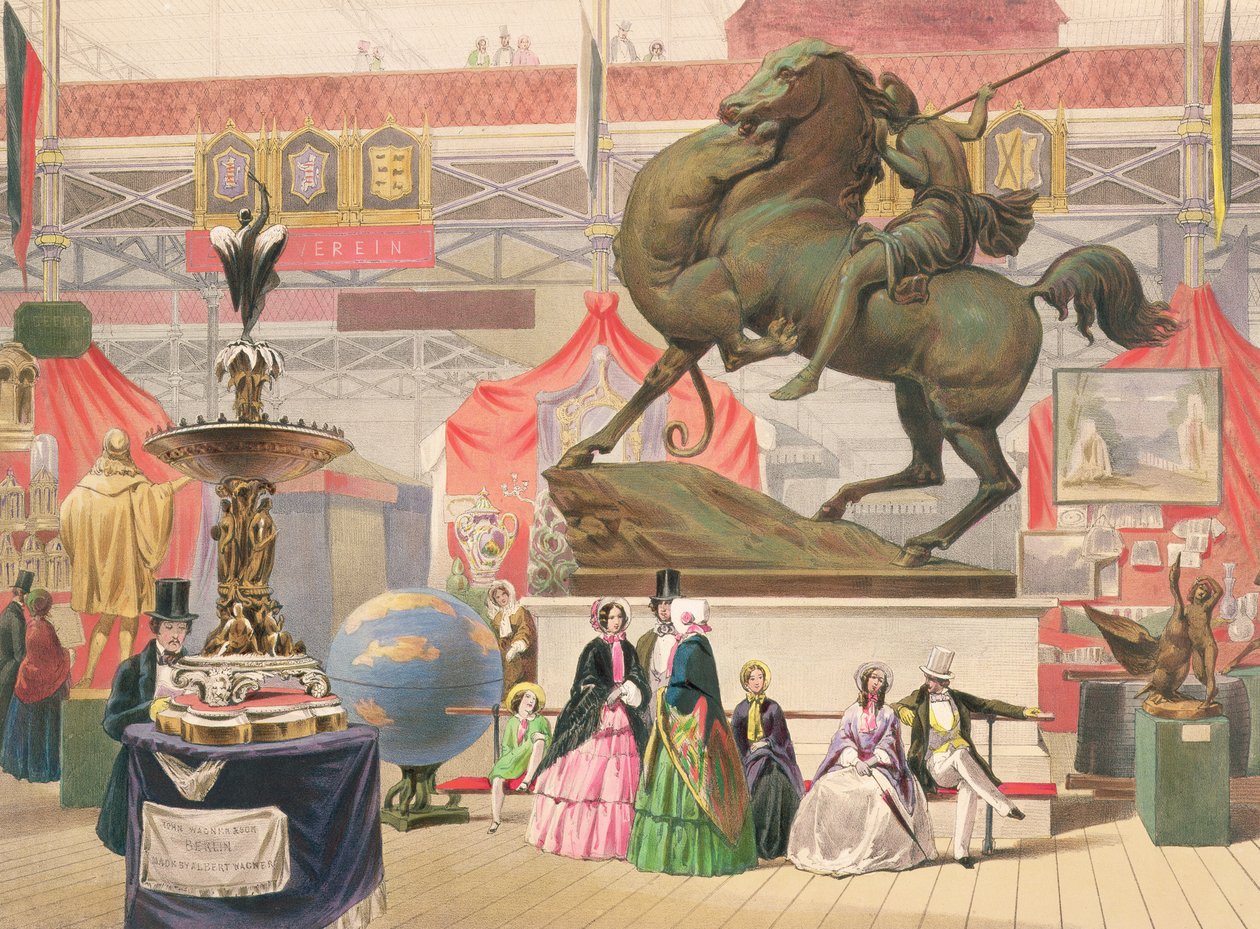 Kilátás a Kristálypalota keleti hajójára szoborral (az Amazonas) (színes litho) alkotó: John Absolon