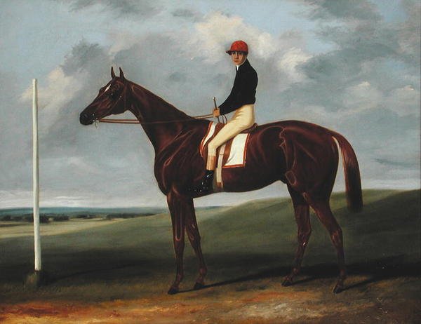 Gesztenyecsikó Jockey-val és kezdőoszloppal (olaj, vászon) alkotó: John Alfred Wheeler