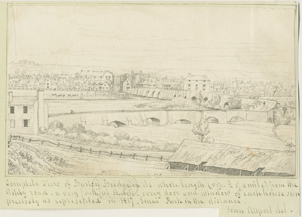 Burton-upon-Trent híd és város: tollrajz, 1817 alkotó: John Allport