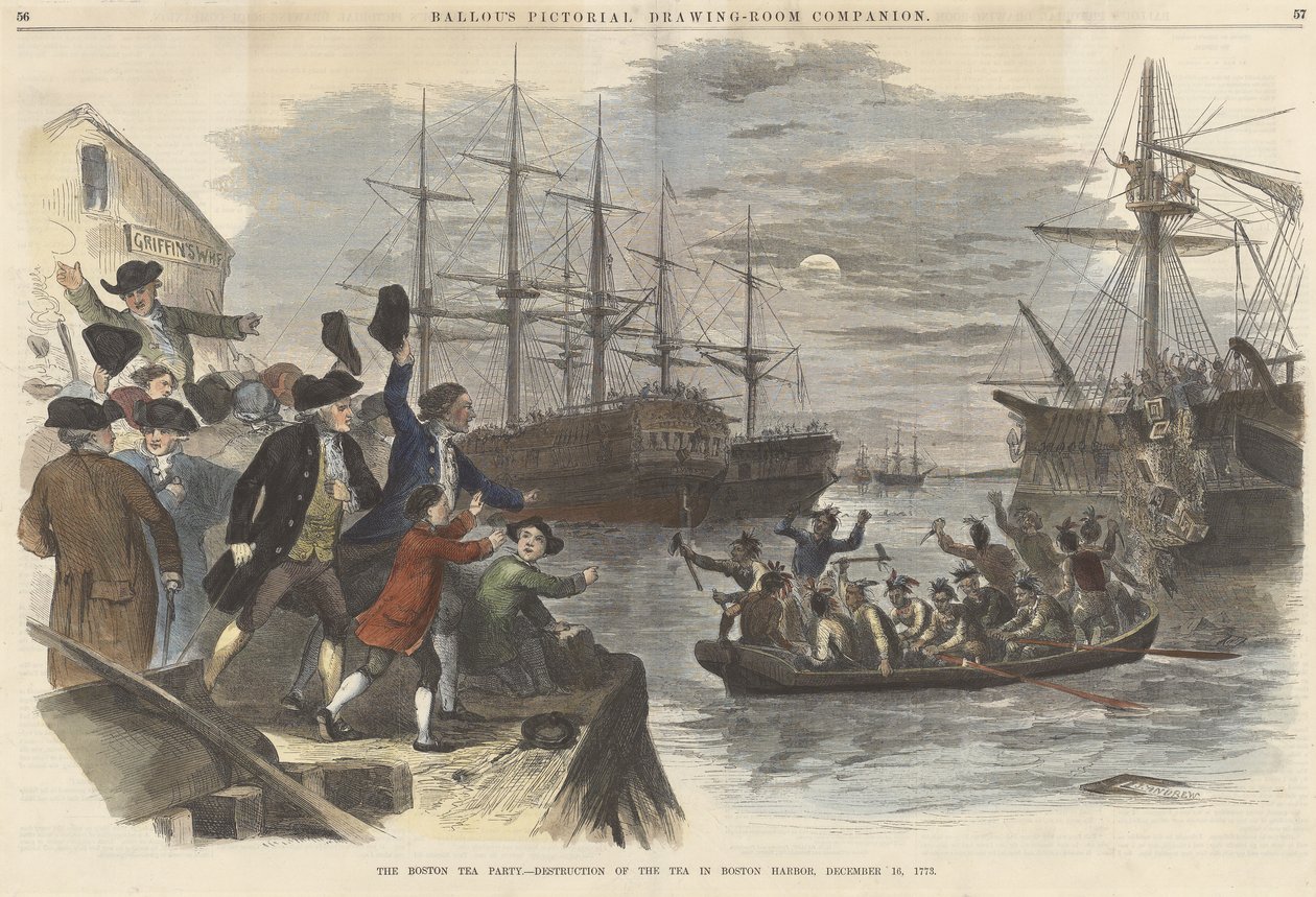 A Boston Tea Party? A tea megsemmisítése Boston Harborban, 1773. december 16-án, a Ballous Pictorial Drawing-Room Companion kocsmából. 1865 (színes metszet) alkotó: John Andrew