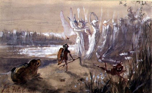 Megállás a Tündérmenetben (akvarell, gouache papíron) alkotó: John Anster Fitzgerald