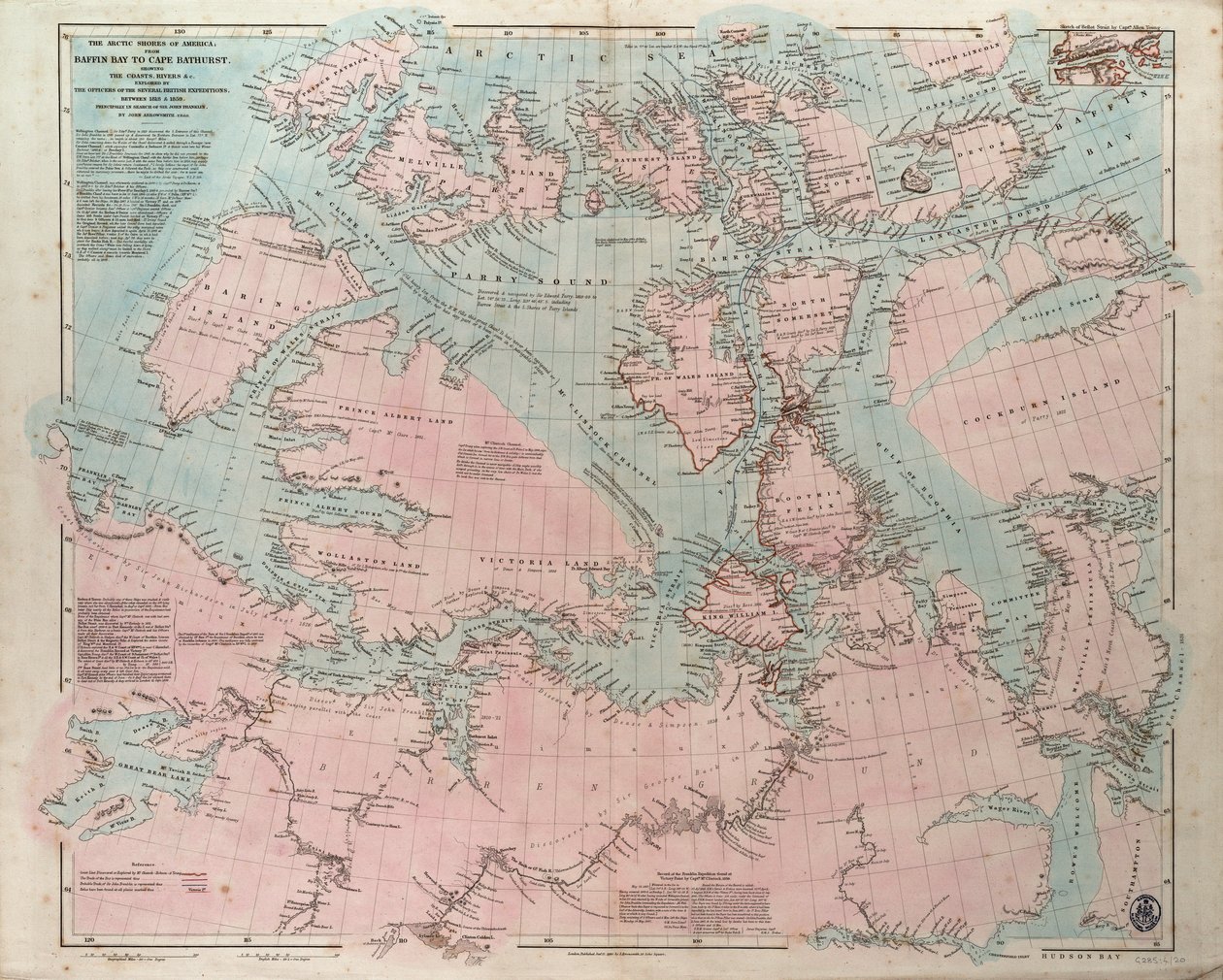 Amerika sarkvidéki partjai a Baffin-öböltől a Bathurst-fokig, feltüntetve a partokat és folyókat, amelyeket a különböző brit expedíciók tisztjei 1818 és 1859 között fedeztek fel. alkotó: John Arrowsmith