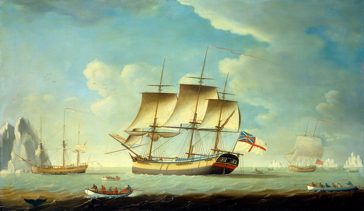 Egy bálnavadász és más hajók könnyű szélben, 1790 körül (olaj, vászon) alkotó: John Askew