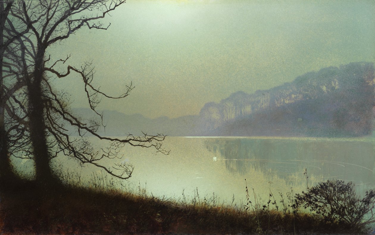 A tóparton, Holdfény (olaj a kártyán) alkotó: John Atkinson Grimshaw