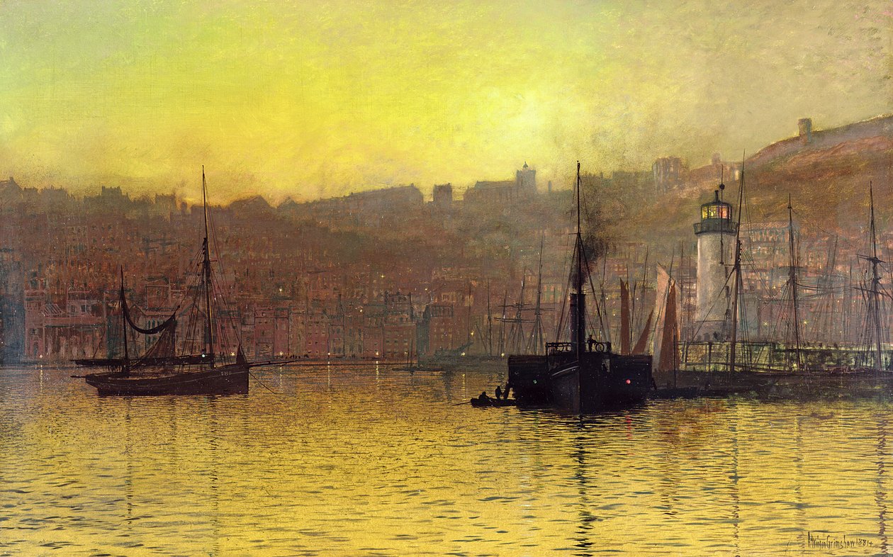 Éjszaka a Scarborough kikötőben alkotó: John Atkinson Grimshaw