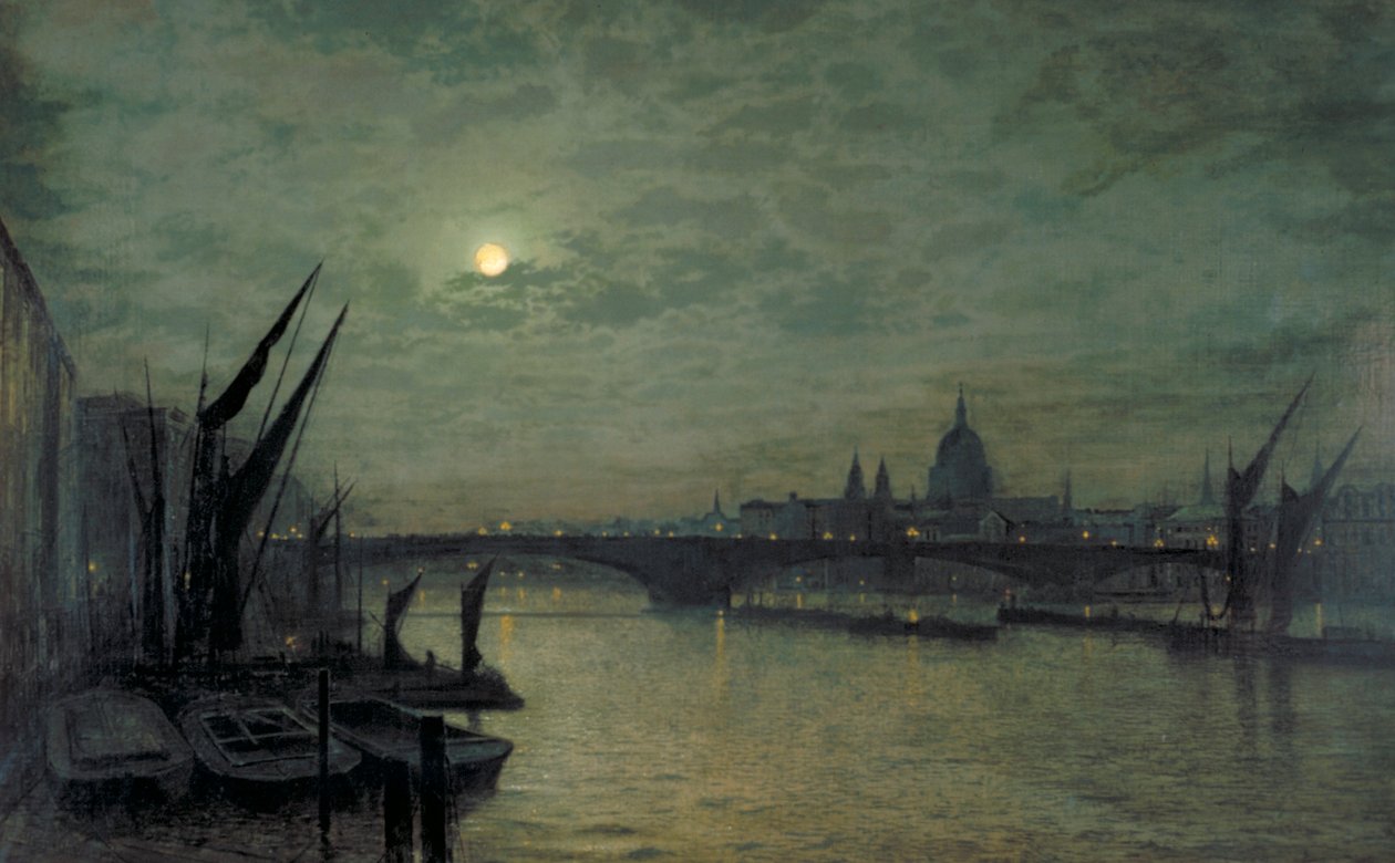 "A Temze holdfényben a Southwark híddal", 1884 alkotó: John Atkinson Grimshaw