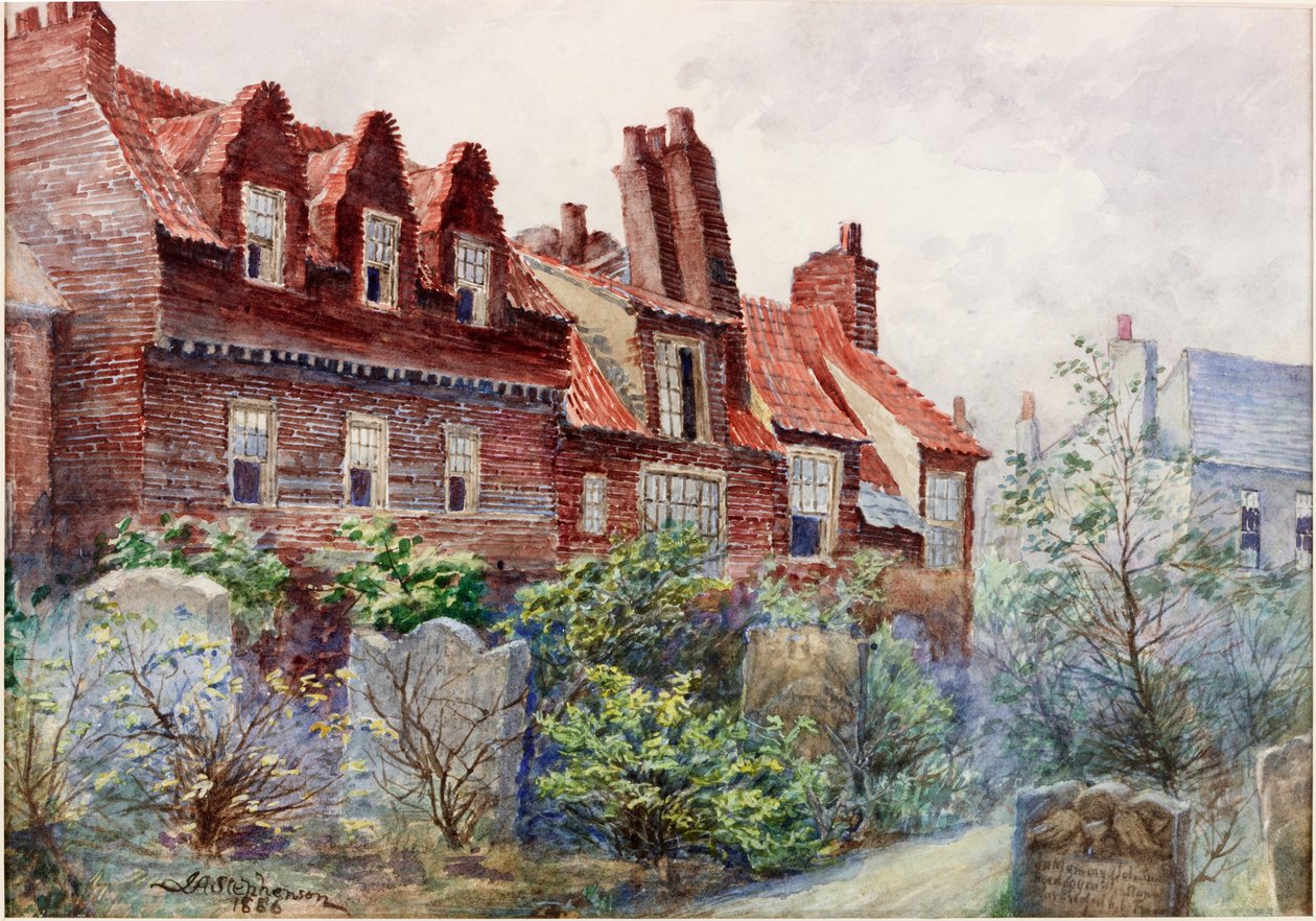 Házak a Silver Streeten az All Saints Churchyardból, Newcastle upon Tyne, 1886-os testszín, ceruza és WC papíron alkotó: John Atlantic Stephenson