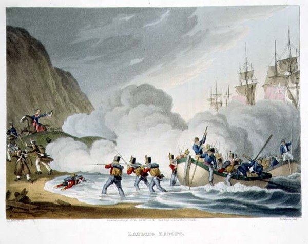 Landing Troops, Matthew Dubourg (fl.1813-20) metszete a "Történelmi, katonai és haditengerészeti anekdotákból", pub. írta: Edward Orme (1774-1820 körül) 1817 (akvatinta) alkotó: John Augustus (after) Atkinson