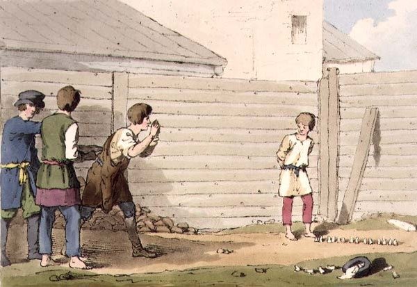 Babki, "Az oroszok modora, szokásai és szórakozásai" I. kötetének 13. táblája, a művész által metszett, kocsma. 1803 (akvatinta) alkotó: John Augustus Atkinson