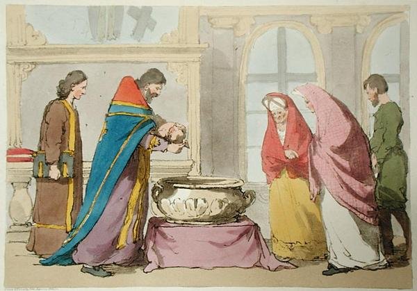 Keresztség, a művész által metszett, 1804-ben megjelent (színes litó) alkotó: John Augustus Atkinson