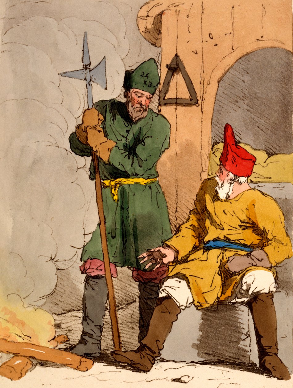 "Boutoushniki" vagy Watchmen, illusztráció James Walker "The Manners, Customs and Amusements of the Russians" című könyvéből, 1803-4 (akvatinta rézkarc) alkotó: John Augustus Atkinson