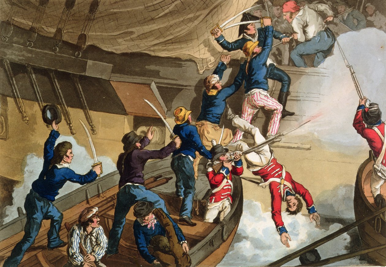 Brit tengerészek egy hadihajó fedélzetén, Fry és Sutherland metszete, a "Historic, Military and Naval Anecdotes" című kötetből, kiadó: Edward Orme (1774-1820) 1815 (aquatinta). alkotó: John Augustus Atkinson
