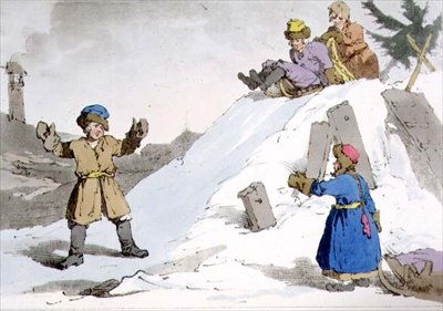 Jégdombon lefelé haladó gyerekek, „Az oroszok modora, szokásai és szórakozásai” II. kötet 38. táblája, a művész által metszett kocsma. 1804 (akvatinta) alkotó: John Augustus Atkinson