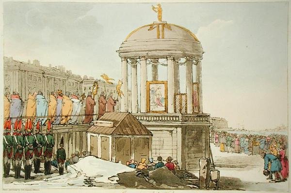 Vízszentelés, a művész metszete, megjelent 1804-ben (színes litográfia) alkotó: John Augustus Atkinson