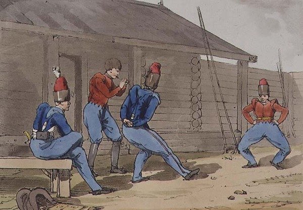 Kozák tánc, 17. tábla az "Az oroszok szokásai, szokásai és szórakozásai" I. kötetéből, a művész metszete, kiad. 1803 (akvatinta) alkotó: John Augustus Atkinson
