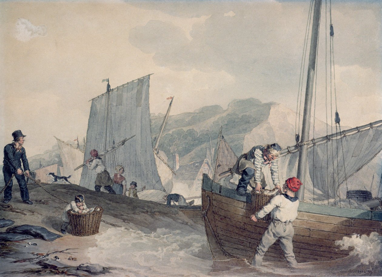Halászhajók kirakodása (akvarell) alkotó: John Augustus Atkinson