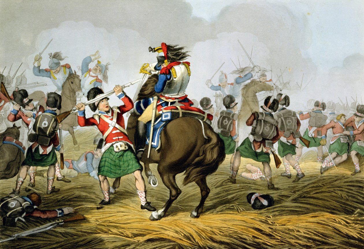 A francia kurirasszusok a waterlooi csatában, a felföldi és skót szürkék által megtámadva és legyőzve, Matthew Dubourg (1813-20) metszete a "Historic, Military and Naval Anecdotes" című kötetből, kiadó: E alkotó: John Augustus Atkinson
