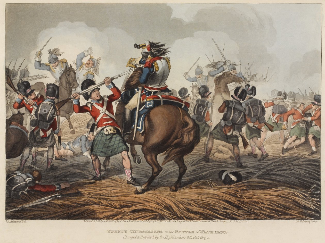 Francia Cuirassiers a waterlooi csatában, a hegyvidékiek és a skót szürkék által megtámadva és legyőzve, M. Dubourg metszete, 1819 (színes akvatinta) alkotó: John Augustus Atkinson