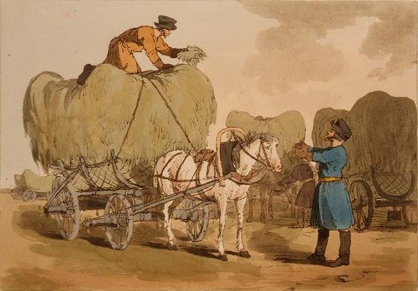 Szénakocsik, 60. tábla „Az oroszok modora, szokásai és szórakozásai” II. kötetéből, a művész által metszett, kocsma. 1804 (akvatinta) alkotó: John Augustus Atkinson