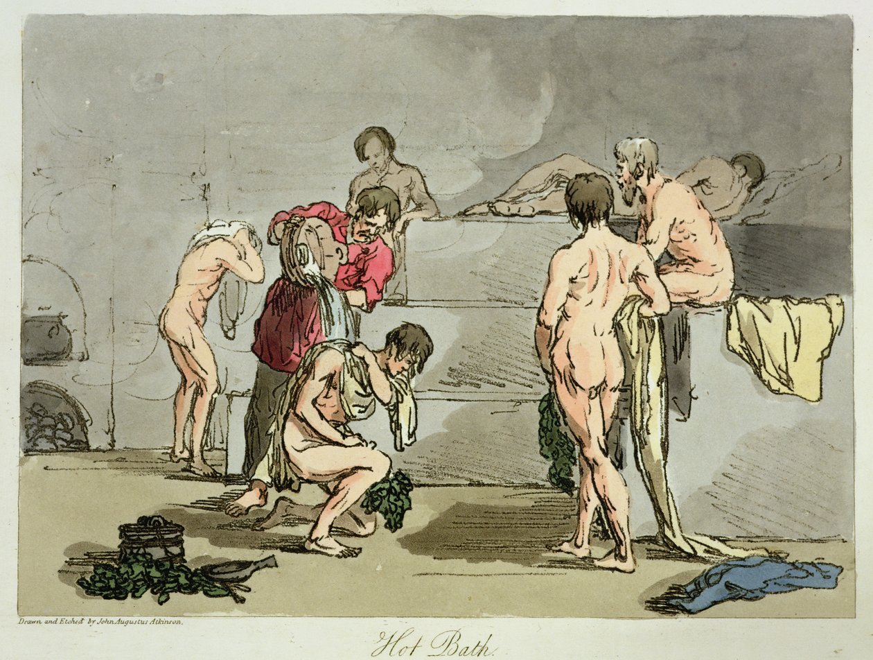 Forró fürdő, 73. tábla az "Oroszok szokásai, szokásai és szórakozásai" III. kötetéből, a művész metszete, kiad. 1804 (akvatinta) alkotó: John Augustus Atkinson