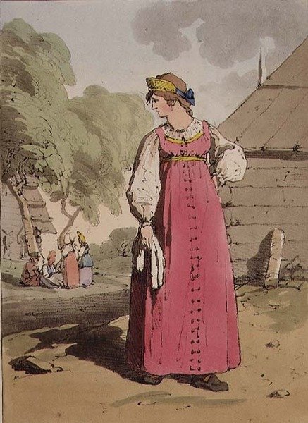 Parasztlány, "Az oroszok modora, szokásai és szórakozásai" I. kötetének 27. táblája, a művész metszetében, kocsma. 1803 (akvatinta) alkotó: John Augustus Atkinson