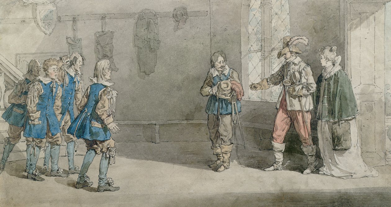 Petruchio, Katarina és a szolgák a „The Taming of the Shrrew” című jelenetben, 1815 körül (toll és WC papíron) alkotó: John Augustus Atkinson