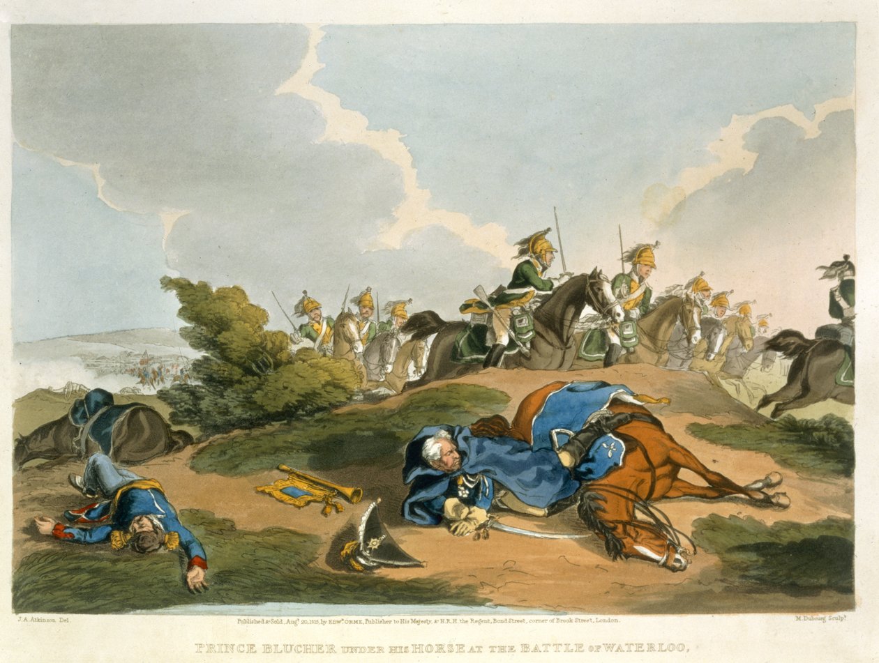 Blucher herceg a lova alatt a waterlooi csatában, Matthew Dubourg (fl.1813-20) metszete a „Történelmi, katonai és haditengerészeti anekdoták” című kocsmából. írta: Edward Orme (1774-1820 körül) 1815 (akvatinta) alkotó: John Augustus Atkinson