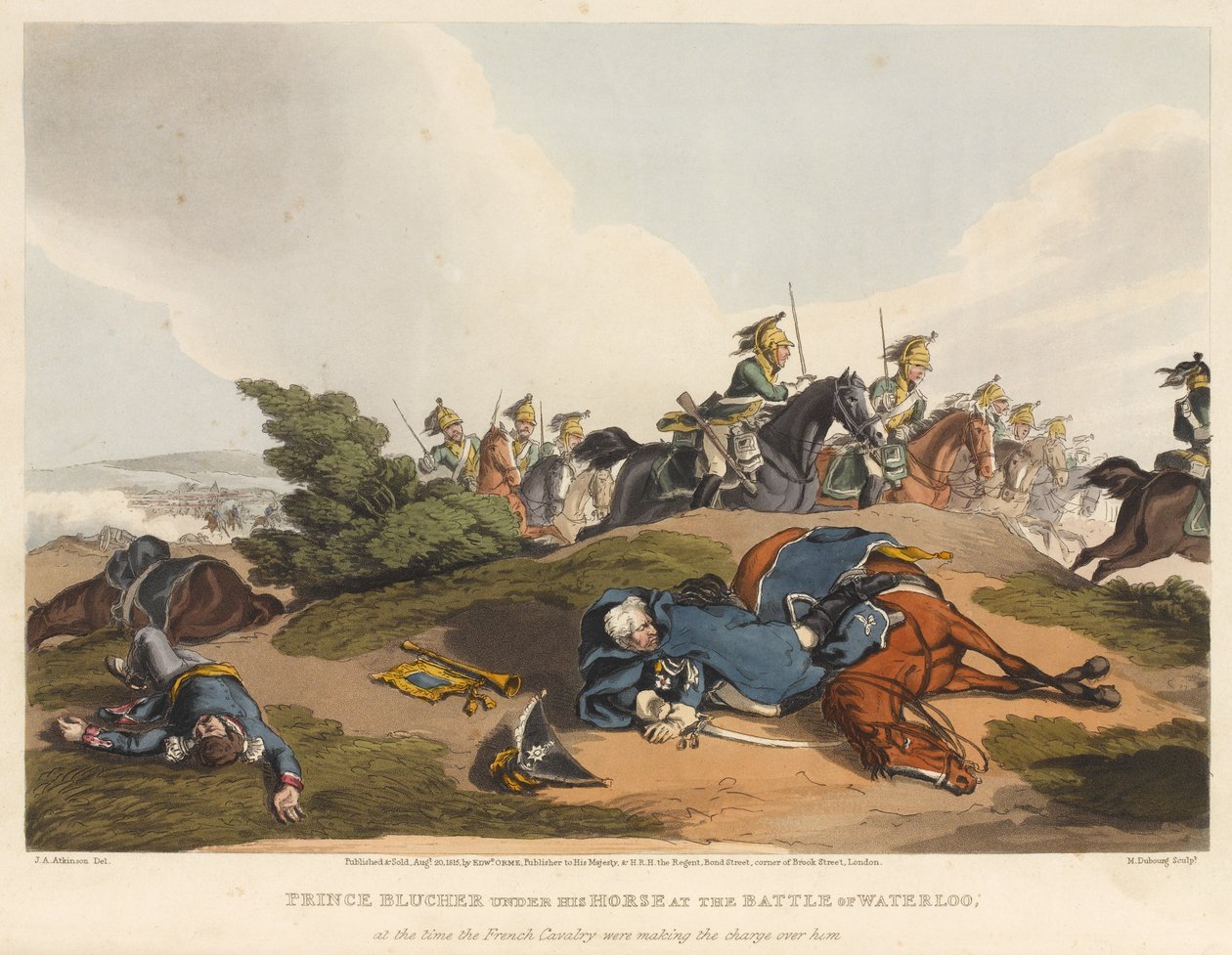 Blucher herceg a lova alatt a waterlooi csatában, amikor a francia lovasság rohamot indított ellene, M. Dubourg metszete, 1819 (színes akvatinta) alkotó: John Augustus Atkinson