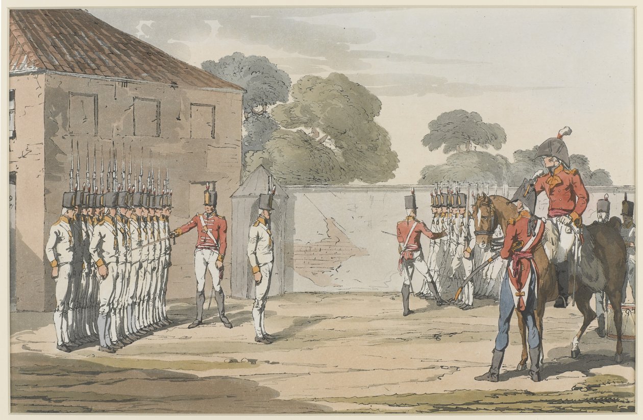 Soldiers Drilling, 1807 (színes akvatinta, puha talajmaratással) alkotó: John Augustus Atkinson
