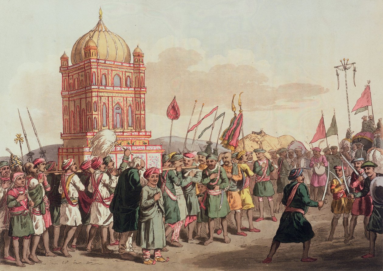 A Taziya menete, „A Mahratta táborból”, 1813. április 5. (színes metszet) alkotó: John Augustus Atkinson