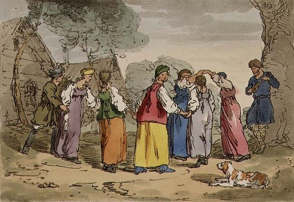 Falusi mulatságok, "Az oroszok modora, szokásai és mulatságai" III. kötetének 82. táblája, a művész által metszett, kocsma. 1804 (akvatinta) alkotó: John Augustus Atkinson